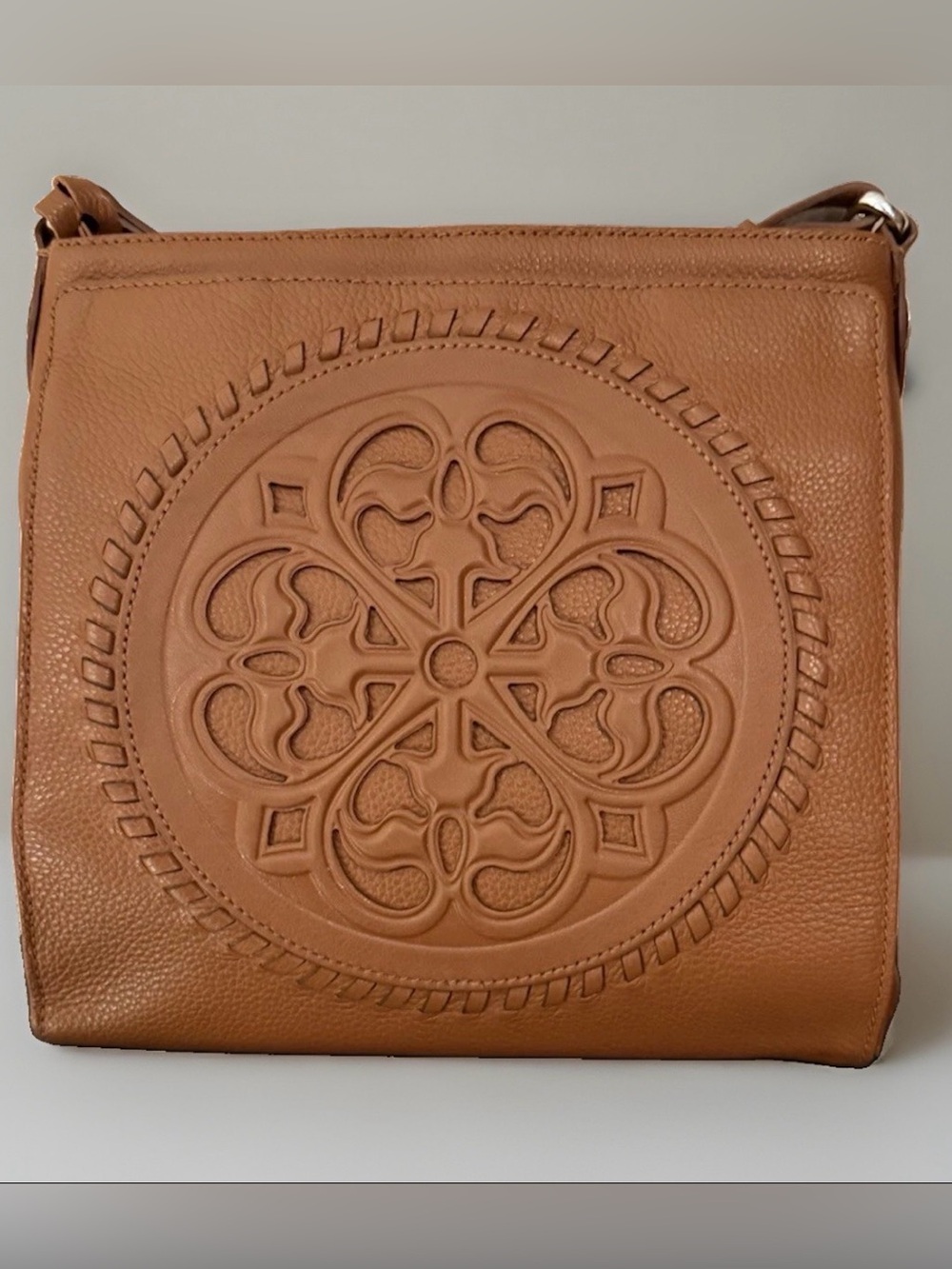 Brighton Ferrara Tan Leather Crossbody with Embossed Medallion Purse